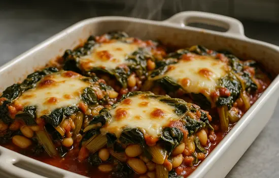 Blettes à la tomate et haricots blancs gratinées à la mozzarella