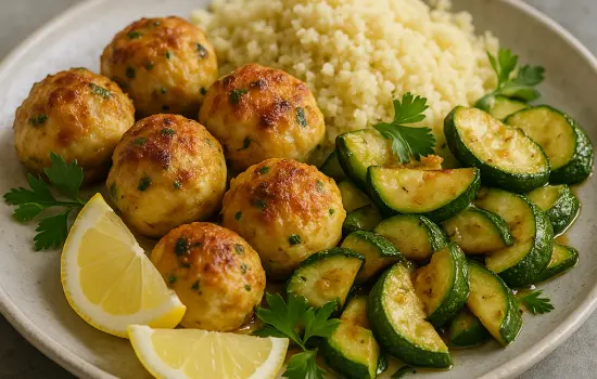 Boulettes de cabillaud au citron, semoule et courgettes