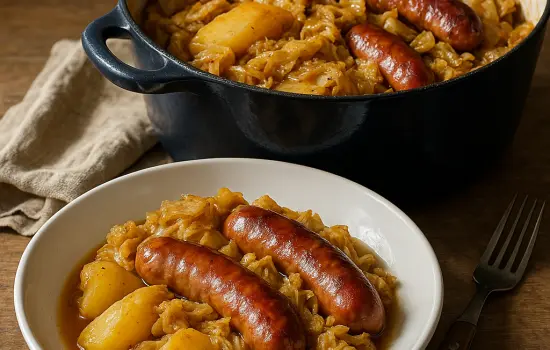 Chou braisé aux saucisses et pommes de terre