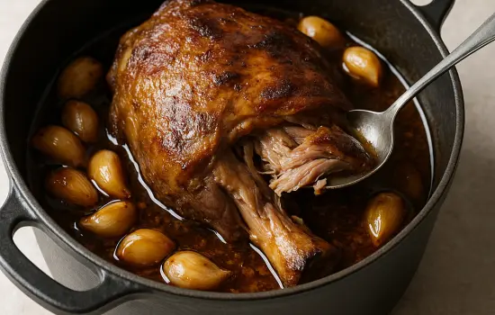 Gigot d’agneau de 7 heures confit à l’ail
