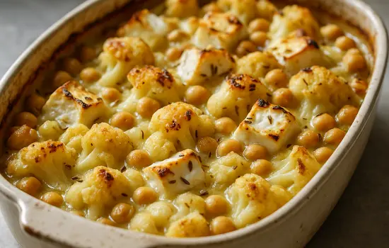 Gratin de chou-fleur, pois chiches et feta au cumin