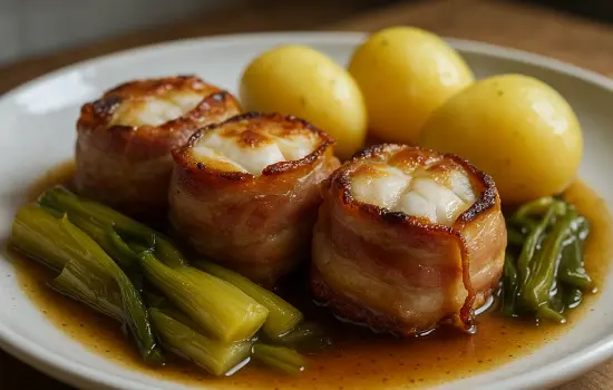 Lotte au lard, poireaux fondants et pommes de terre vapeur