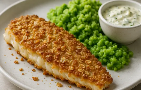 Merlan pané à l’avoine, écrasé de petits pois et sauce tartare légère