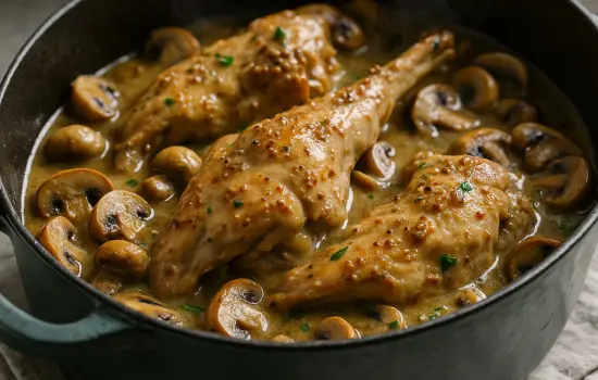Mijoté de lapin au cidre, champignons et moutarde à l’ancienne
