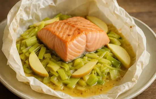 Papillotes de saumon aux poireaux, pommes et moutarde douce
