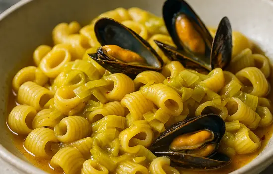 Pâtes aux poireaux, moules et safran
