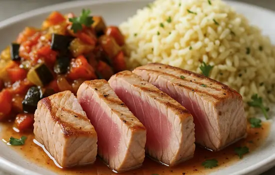 Pavés de thon mi-cuits, ratatouille tiède et riz au citron