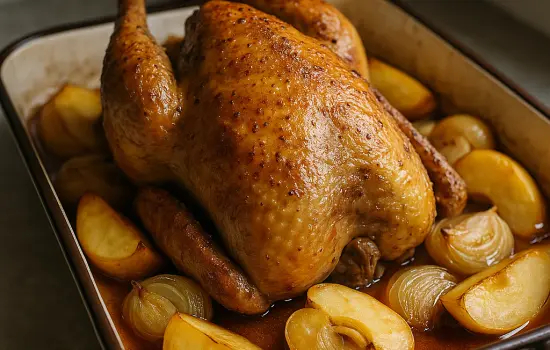 Pintade aux pommes, oignons et cidre au four