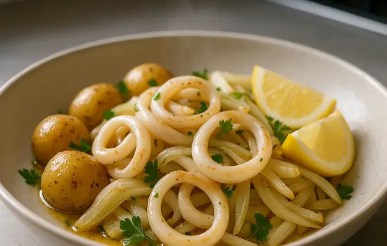 Poêlée de calamars, pommes de terre grenailles et fenouil au citron