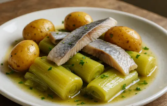 Poireaux en vinaigrette tiède, pommes de terre grenailles et hareng fumé