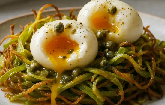 Poireaux frits, œufs mollets et vinaigrette tiède aux câpres
