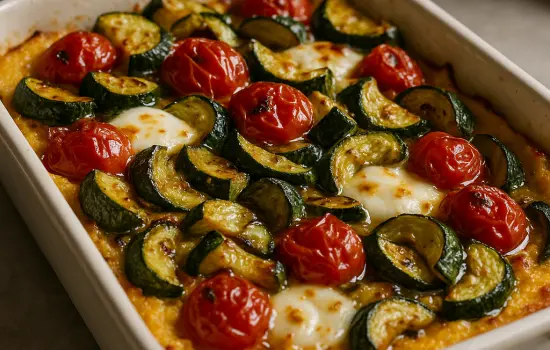 Polenta au four aux tomates confites, courgettes et mozzarella