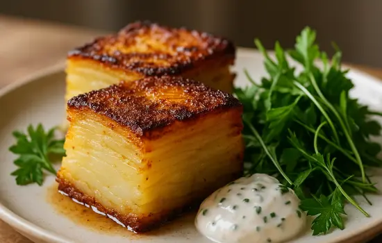 Pommes Anna au four, crème ciboulette et salade d’herbes