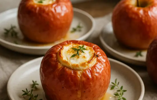 Pommes au four au chèvre frais, miel et thym