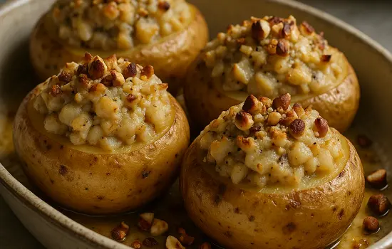 Pommes de terre farcies au boudin blanc, poire et noisettes