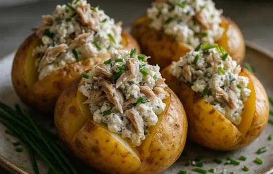 Pommes de terre farcies au maquereau fumé, fromage frais et ciboulette