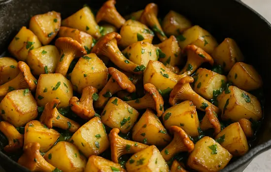 Pommes de terre sautées aux girolles, ail et persil