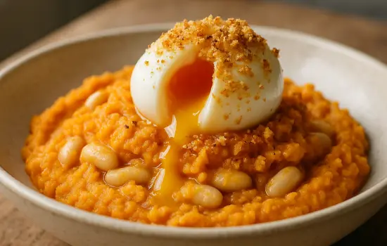 Purée de carottes et haricots blancs au cumin, œufs mollets et chapelure dorée