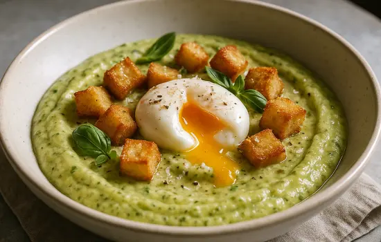 Purée de courgettes au basilic et parmesan, œufs mollets et croûtons