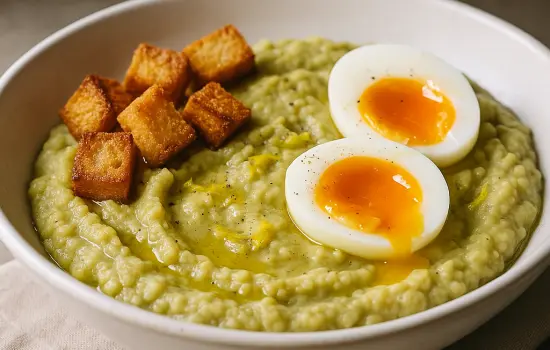 Purée de fèves à l’ail et au citron, œufs mollets et croûtons