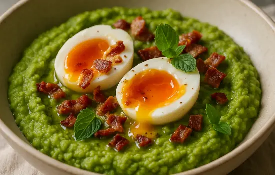 Purée de petits pois à la menthe, œufs mollets et lard croustillant
