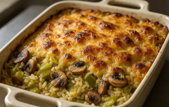 Riz au four aux poireaux, champignons et comté