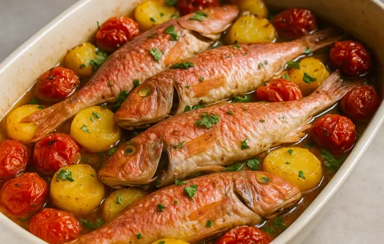 Rougets au four, tomates rôties et pommes de terre safranées