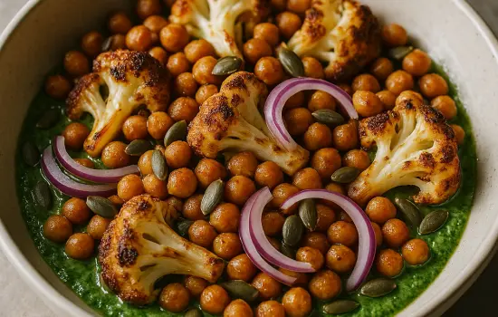 Salade de pois chiches, chou-fleur rôti et sauce verte aux herbes