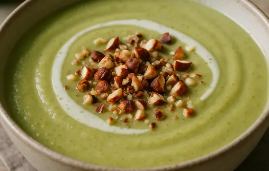 Velouté de chou romanesco, poireau et noisettes